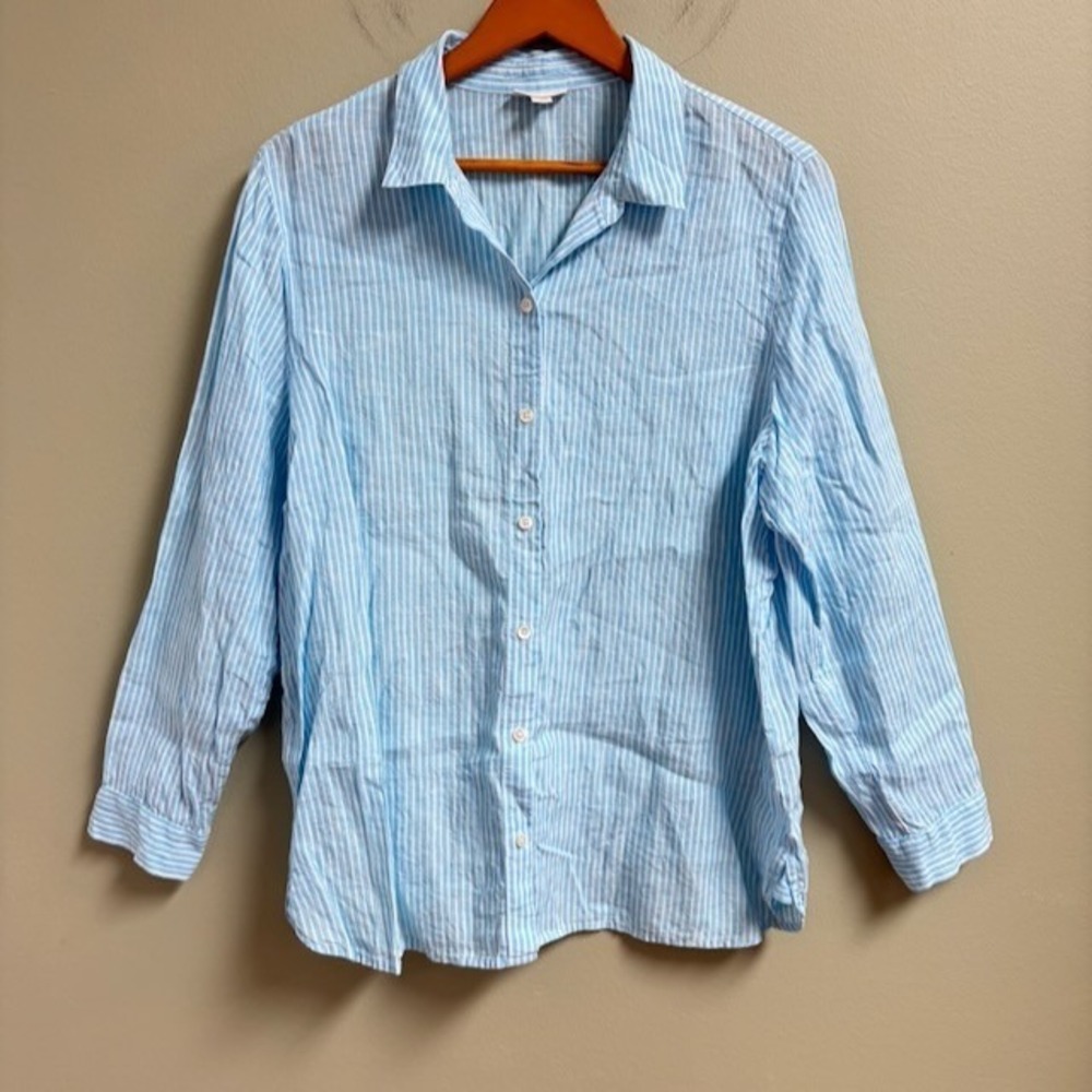 J Jill Love Linen Button Shirt Size L Blue Coastal Lagenlook Beach Spring Summer